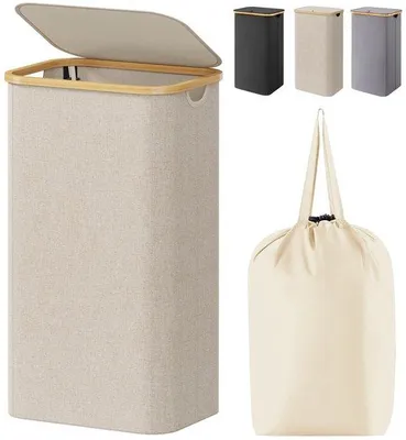 Produktbild von Beige 100L Wäschekorb mit Deckel und Bambusgriffen
