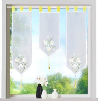 Produktbild von heimtexland ® Scheibengardine Set 3-tlg Schlaufen Gardine Bestickt Fensterdeko Typ710 Margarite Gelb