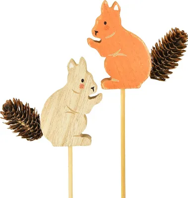 Produktbild von Eichhörnchen Deko Blumenstecker aus Holz, Zapfen Schwanz, Garten Herbstdeko, Natur Braun, 12 Stück