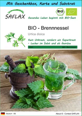 Produktbild von SAFLAX - Geschenk Set - BIO - Brennnessel - 2000 Samen - Mit Geschenk- / Versandbox, Versandaufkleber, Geschenkkarte und Anzuchtsubstrat - Urtica dioica