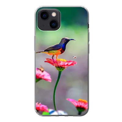 Produktbild von MuchoWow® Handyhülle Schutzhülle Hülle für iPhone 13 mini Nahaufnahme eines Kolibris auf rosa Blüten Silikon Softcase Handy Hülle - Softcase