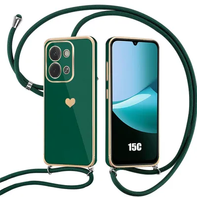 Image de Coque pour Xiaomi Redmi 15C 4G/5G, Silicone Souple Anti-Rayures Motif Cœur avec Cordon Vert Nuit