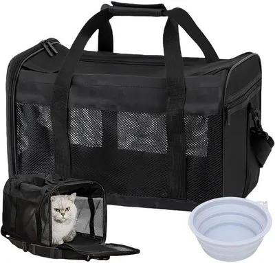 Produktbild von Faltbarer Transportkorb für Katzen, 42x27x28 cm, mit Hundebereich – Schwarzer Transportkorb für Katzen und Hunde – Ideal für Reisen und Camping