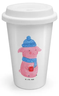 Produktbild von Mr. & Mrs. Panda Thermobecher Schwein Glühwein - Weiß - Geschenk, Weihnachten, Isolierbecher, To Go, ToGo Kaffeebecher, Weihnachtsmarkt, Punsch, Coffee Becher