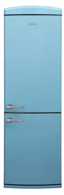A light blue retro-style refrigerator with silver handles.