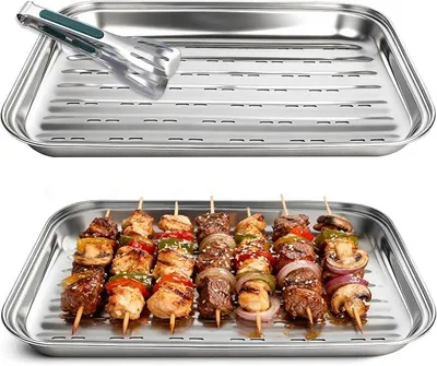 Produktbild von PolkaHome® BBQ-Grillschalen aus Edelstahl, 2 Stück, mit Grillzange, 34,5 x 24,5 x 2,7 cm, Silber, für Gemüse, Fleisch & Fisch,