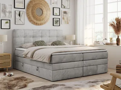 Obrázek produktu pro Kontinentální manželská postel LUKA KING s úložným prostorem - 200x200 cm - Multipocket H3 + Pocket | Světle šedá Samet - Topper T25