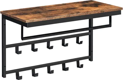 Produktbild von Wandgarderobe mit Ablage und 10 Haken, Industriestil, 60 x 30 x 42 cm, Dunkelbraun/Schwarz
