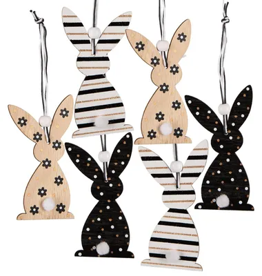 Produktbild von 6 Holz Osterhasen schwarz weiß Natur 10 cm