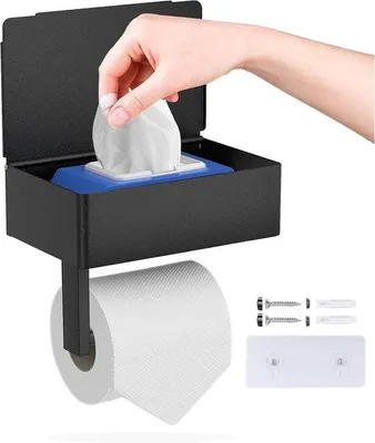 Produktbild von Toiletpapierhalter aus Edelstahl - mit feuchten Papiertüchenschachtel - selbstklebendes WC-Rollenhalter - ohne Bohren - Wandmontagepapierhalter - für Küche und Bad