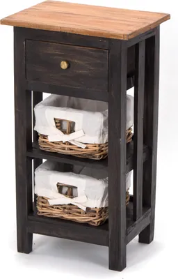 A dark wood bedside table with a drawer and two woven baskets with white liners.