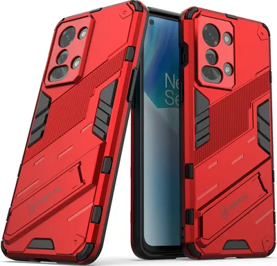 Produktbild von Armor Hülle für OnePlus Nord 2T, Hybrid PC TPU Bumper Stoßfestes Schutzhülle mit Standfunktion Rot