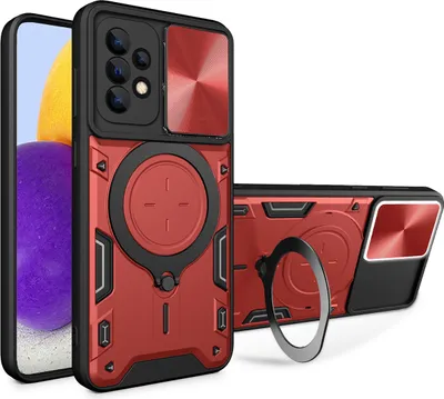 Produktbild von Handyhülle für Samsung Galaxy A72 Dual-Layer Stoßfest Rüstung Hülle mit Dia Kameraschutz und Kreisförmig Ring Ständer Rot