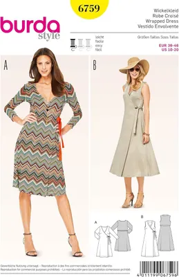 Imagen del producto de Patrones para vestidos tipo "wrap dress", tallas 34-46, instrucciones de costura para vestidos de mujer
