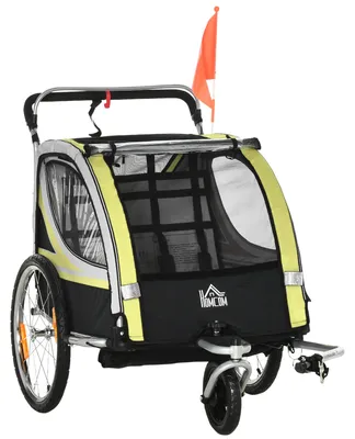 Productafbeelding van 2-in-1 fietsaanhanger voor 2 kinderen, duwfunctie, regenhoes, rem, geel