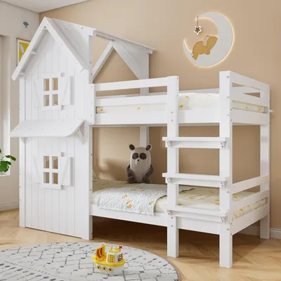 Immagine prodotto di Letto a castello Flieks 90x200cm con rete a doghe, letto per bambini con protezione anticaduta, letto a castello per bambini con finestra e tetto, bianco