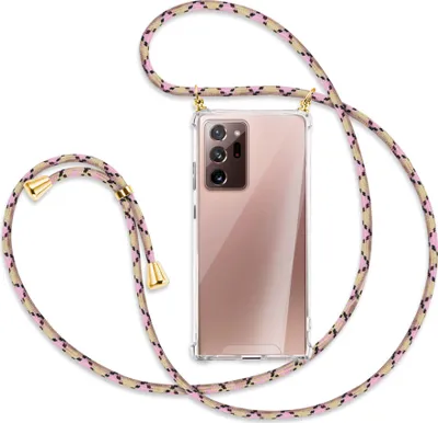 Produktbild von Handykette Backcover-Schutzhülle mit Band (Metall goldfarben) für Samsung Galaxy Note 20 Ultra - rosa Karo
