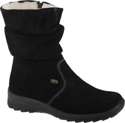 A black suede boot with white stitching and a faux fur lining.