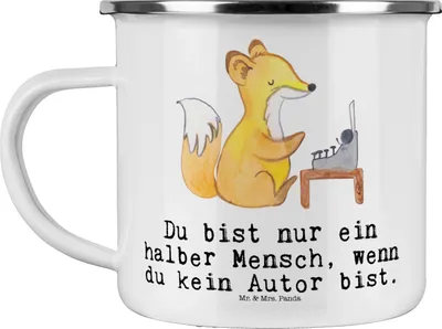 Produktbild von Mr. & Mrs. Panda Teetasse Autor Herz - Weiß - Geschenk, Haferl, Spruch, Beruf, Emaille Tasse, Buchhandlung, Teebecher, Becher, Witzig, Lustig, Pott, Buchladen
