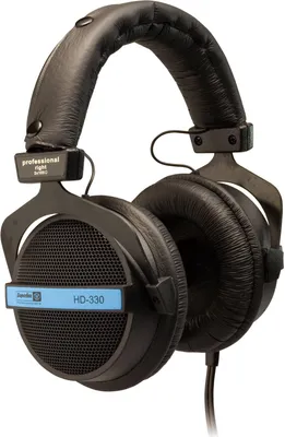 A studio photograph of a pair of black headphones against a white background.