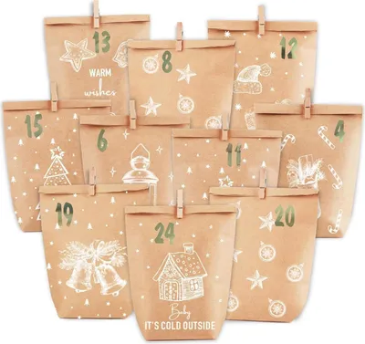 Produktbild von Adventskalender zum Befüllen, Weihnachtskalender Papiertüten Set, Braun/Weiß, 24 Motive