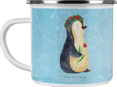 Produktbild von Mr. & Mrs. Panda Teetasse Pinguin Blumen - Eisblau - Geschenk, Haferl, Universum, Pott, Blumenliebe, Teebecher, becher emaille, Blumenkranz, Geschenkidee, Tasse, Pinguine