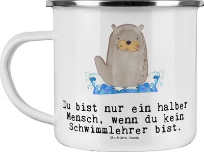 Produktbild von Mr. & Mrs. Panda Teetasse Schwimmlehrer Herz - Weiß - Geschenk, Pott, Spruch, Haferl, Schwimmverein, Tasse Emaille, Emailletasse, Schwimmbad, Schwimmkurs, Teebecher