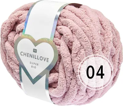 A ball of pink chenille yarn with a label.