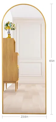 Zdjęcie produktu dla Lustro stojące – lustro panoramiczne – kształt łukowy – 165×60 cm – szkło HD z metalową ramą – zabezpieczenie przed stłuczeniem, idealne do sypialni i salonu – kolor złoty
