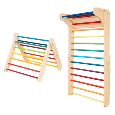 Image de Ensemble Triangle d’escalade et Mur Suédois 2en1, Intérieur, Montessori, Bois, Coloré