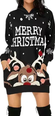 Produktbild von ASKSA Weihnachtskleid Damen Kapuzenkleid Weihnachtspullover Weihnachts Sweatshirt, Schwarz, M
