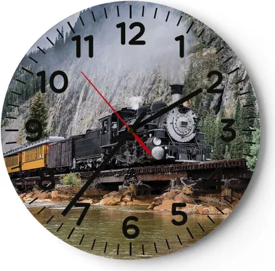 Produktbild von Wanduhr - Rund - Glasuhr - Alt Lokomotive Berge - 30x30cm - Schleichendes Uhrwerk - Lautlos - zum Aufhängen bereit - Dekoration Modern - Wanddekoration aus Glas - C4AR30x30-4581