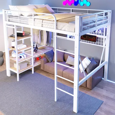 Image de OKWISH Lit Mezzanine 140x200 cm - Lit Ado avec LED Intégrée, Étagères et Compartiment de Rangement - Portant pour Vêtements et Espace Ouvert sous Lit - Métal + MDF - Blanc