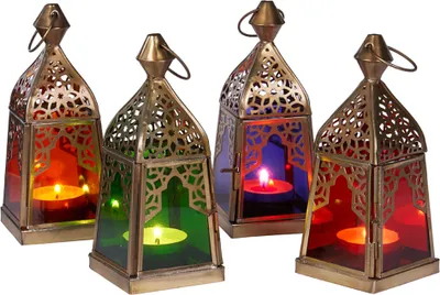 Produktbild von Orientalische Laternen, 4er-Set, Laterne Basil, bunt, 16 cm | Orientalisches Windlicht aus Metall und Glas, in 4 Farben | Marokkanische Glaslaterne für den Außenbereich, als Gartenlaterne, in Grün, Blau, Lila und Orange