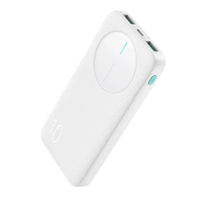 A white power bank is shown against a white background.