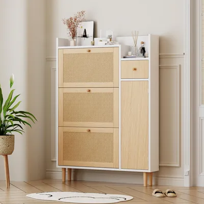 Image de OKWISH Meuble à Chaussures - Meuble Chaussures Rotin Bois pour Entrée Étroit avec 3 Portes Abattantes et Tiroir, Pieds Massifs - Naturel+Blanc 90x17x125 cm