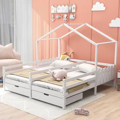Image de Lit-cabane pour enfants, lit double 2 x 90x200 cm, en bois massif de pin, avec sommier à lattes et 2 tiroirs. Lit pour frères et sœurs, lit mezzanine, couleur blanche