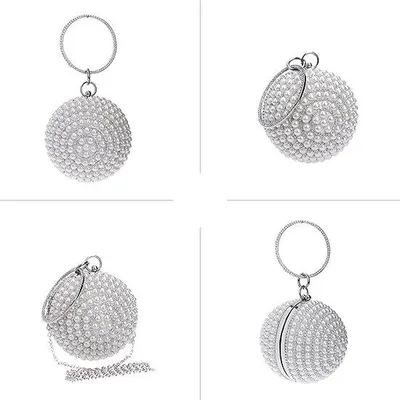 Productafbeelding van Unyqoos® Damesclutch, ronde avondtas met parels en strass, satijnen binnenvoering, afneembare ketting, 12,5 x 13,5 x 25 cm – kleine handtas voor bruiloft en feest