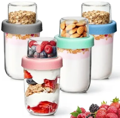 Produktbild von PromoHome® Joghurtbecher für Overnight Oats 480 + 120 ml, 4 Stück, Glas, transparent