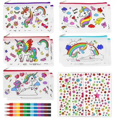 Produktbild von Federmäppchen zum Bemalen, 10 Stück Stofftaschen mit Reißverschluss, 4 Wachsmalstifte (12 Farben), Glitzersteine, Bastelset Kindergeburtstag