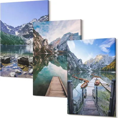 Produktbild von Wandbild – Leinwandbild – Leinwandbilder – Polycanvas – Kunstdruck – Modern – Panorama – Mehrteilig – 3-Teilig Set – Hochwertig – Lichtecht – Geruchslos – 20x30 Cm Je Element - Berge, Seen und Holzstege über dem Wasser