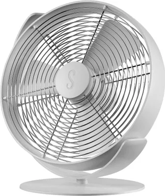 A white table fan is shown against a white background.