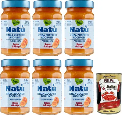 Produktbild von 6x Rigoni di Asiago Natù Albicocche -Aprikosen Zubereitung,Aprikosenmarmelade Ohne Zuckerzusatz 240g + Italian Gourmet Polpa di Pomodoro 400g Dose
