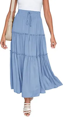 Produktbild von ASKSA Damen Elegant Maxirock Elastische Hohe Waist Rock A-Linie Ruffle Hem Kordelzug Swing Maxi Skirt, Hellblau, XL