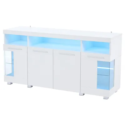 Produktbild von Merax Hochglanz Sideboard 140 cm mit LED, Wohnzimmer-Schrank mit Glastüren, 3 Schränke und 6 Fächer, modern Kommode mit gehärtetes Glas, Weiß