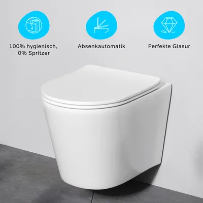 A white wall-mounted toilet is shown against a light gray wall and dark gray floor. Three blue circular icons with white line drawings and German text are displayed above the toilet.