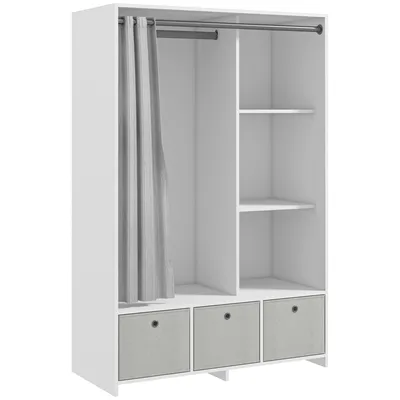 Image de HOMCOM Armoire penderie, dressing avec rideau, armoire chambre vêtement, garde-robe avec tringle, 3 compartiments et 3 tiroirs en tissu amovibles - 105 x 48 x 160 cm, blanc