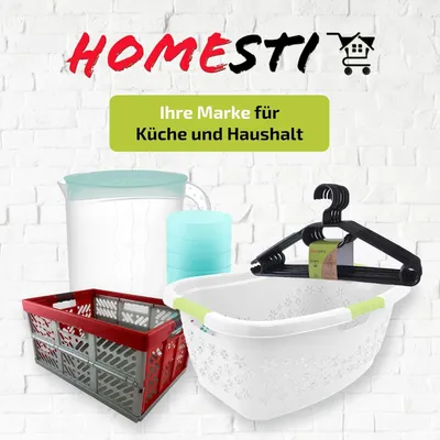 A collage of various household items, including a pitcher, a stack of containers, a laundry basket, and hangers, with brand text and a slogan.