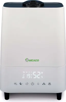 A white humidifier with a dark gray top and a digital display on the front.