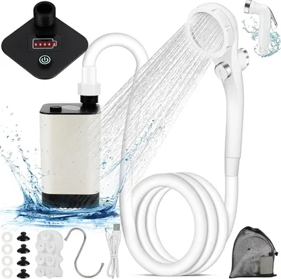 Produktbild von Campingdusche mit Pumpe, Camping Dusche mit 5200mAh Akku, Mobile Dusche mit Verstellbarer Duschkopf und Schlauch, Gartendusche, IP68 wasserdicht, Weiß